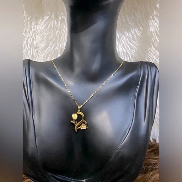 925 Sterling Silver Heart Rose Butterfly Pendant Necklace with Crystal Accents - Picture 4 of 15